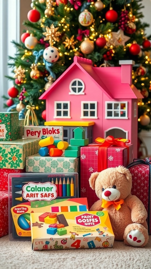 A collection of Christmas gifts for a 4-year-old girl, including a dollhouse, building blocks, and art supplies, under a Christmas tree.